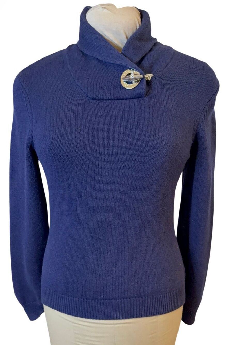 Lauren Ralph Lauren Silver Toggle Cotton Knit Sweater Shawl Collar Medium